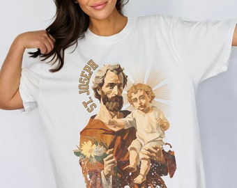 St Joseph T-shirt, Saint Joseph and Baby Jesus, Catholic tshirt, gift for Christians, St. Joseph Catholic Saint, Christianity Unisex t-shirt