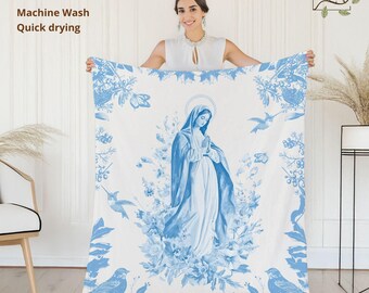 Virgin Mary Blanket, Catholic Gifts for Women, Plush Velveteen Fleece Throw, Marian Devotion Gift for Women, Religious Home Decor, Mom Gift