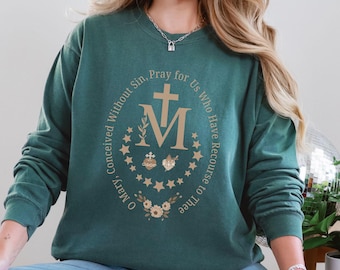 Maglietta unisex a maniche lunghe con croce mariana cattolica, maglietta con medaglia miracolosa, maglietta con la Vergine Maria, regali cattolici, maglietta religiosa, regali per le feste
