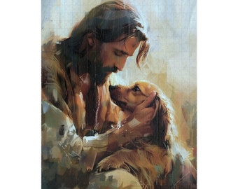 Christian Puzzle Jesus with Dogs | Jesus Art | Jesus | Pet loss gift | Christian Dog Owners | 110, 252, 520, 1014 pcs vertical puzzle