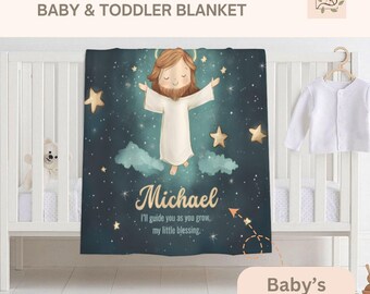 Niestandardowy kocyk dla chłopca z imieniem, katolicki spersonalizowany kocyk dla dziecka z miękkiego polaru, Jezus dla dzieci, słodki, spersonalizowany prezent na baby shower, chrzest