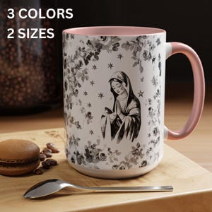 Katholieke mok, Maagd Maria keramische mok 11oz, 15oz, Toile de Jouy religieuze koffiekopje, katholieke vrouwen cadeau, cadeau voor katholieke moeder, voor vrouw