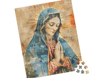 Virgin Mary puzzle, Catholic gift, Mary Mother of God, mixed media asthetics, Christian family gift, Jigsaw Puzzle 110, 252, 520, 1014 pcs