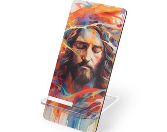 Christian Phone Stand for Desk, Jesus art work, office desk accessories, Catholic nightstand, Religious mobile stand, Catholic desk decor
