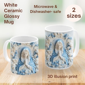 Virgin Mary Carved Marble Mug, 3D Style Catholic Coffee Cup 11oz 15oz, Catholic Teacher Large Ceramic Tea Mug, Catholic Gifts for Women