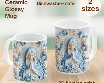 Virgin Mary Carved Marble Mug, 3D Style Catholic Coffee Cup 11oz 15oz, Catholic Teacher Large Ceramic Tea Mug, Catholic Gifts for Women