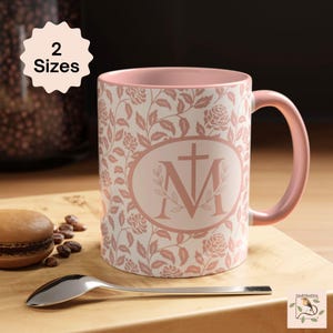 Catholic Mug, Marian Cross Ceramic Pink Accent Coffee Cup, Cottagecore Floral Tea Cup for Catholic Mom, Marian Devotion Gifts for Women