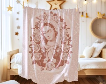 Virgin Mary Blanket, Catholic Velveteen Plush Blanket, Catholic Mom Gift, Catholic Gifts for Women, Religious gifts, Blessed Mary Fleece
