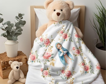 Cute Virgin Mary Baby Blanket, Catholic Kids Soft Fleece blanket, Baptism gift, Nursery decor, Religious baby gift, Mary Baby Shower gift