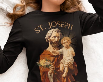 St Joseph and Baby Jesus, Catholic shirt, gift for Christians, Christianity Faith inspirational quote Unisex t-shirt, Catholic Saints tee