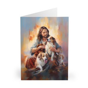 Biglietti di auguri cristiani (confezione da 5) Gesù che tiene in braccio dei cani, biglietti di auguri per proprietari di cani cattolici, veterinari cristiani, biglietti di Gesù 5,8"x8,2"