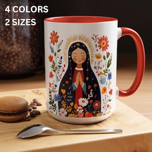 Katholieke mok, Maagd Maria keramische mok 11oz, 15oz, cadeaus voor katholieke vrouwen, volkskunst religieuze koffiekopje, katholieke moeder cadeau, katholieke meisjes