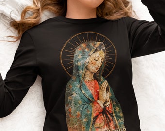 Camiseta unisex de manga larga de la Virgen María, camiseta católica, camiseta juvenil del cristianismo, camiseta de María Madre de Dios, camiseta de los santos católicos