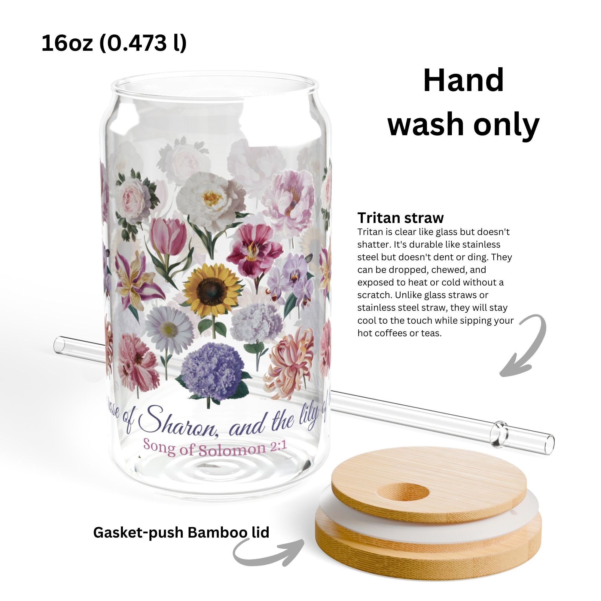 Christliche Glastassen (6 Stück) – 473 Ml, Mit Bibelvers, Bambusdeckel & Glasstrohhalm, Pastellrosa