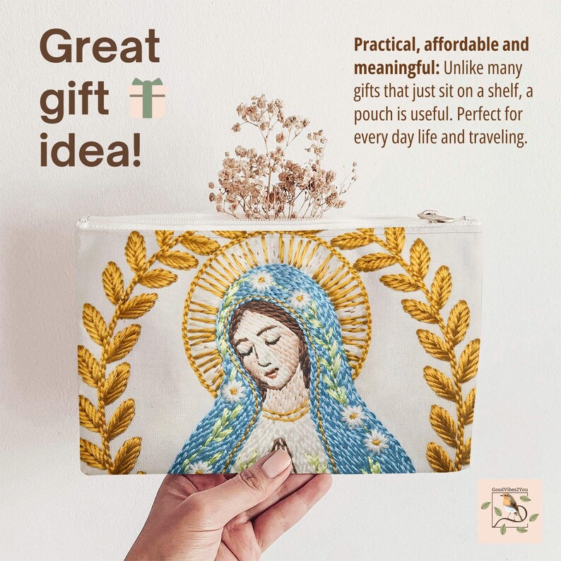 Virgin Mary Rosary Pouch: Catholic Zippered Prayer Bag