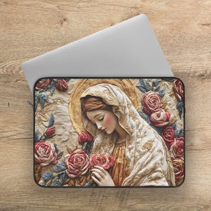 Laptophülle für katholische Frauen, Jungfrau Maria Print gepolsterte Laptoptasche, Laptophülle mit Reißverschluss für Studenten, Computerhülle für religiöse Arbeit