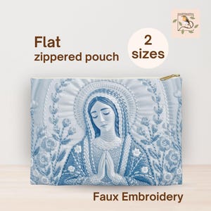 Jungfrau Maria Faux Stickerei Flache Reißverschlusstasche, katholische Geschenke für Frauen, Mass Essentials Rosenkranz Tasche für katholische Mutter, St. Mary Accessoire