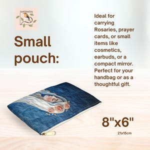 May include: Small blue pouch with a zipper closure. The pouch features an illustration of a woman with a floral crown. The text on the pouch reads "Small pouch:" and the dimensions are 8"x6".