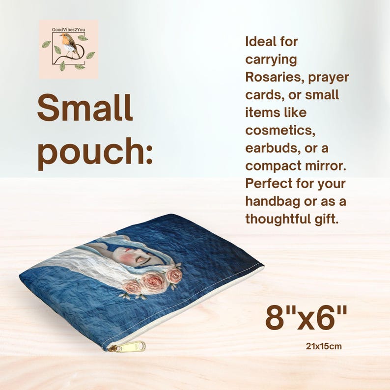 May include: Small blue pouch with a zipper closure. The pouch features an illustration of a woman with a floral crown. The text on the pouch reads "Small pouch:" and the dimensions are 8"x6".