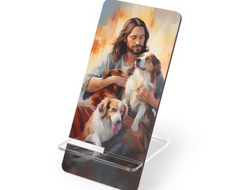 Christian Phone Holder, Jesus with dogs art work, cell phone accessories, Catholic phone nightstand, Christian Dog Owners phone stand