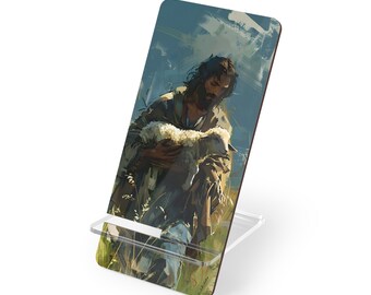 Christian Phone Stand for Desk, Jesus art work, office desk accessories, Catholic nightstand, Religious phone holder, Jesus and Lost Lamb