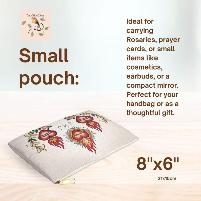 May include: Small, off-white pouch with a gold zipper. The pouch features a design of a heart with flames, roses, and the text "JMP". The pouch measures 8" x 6".