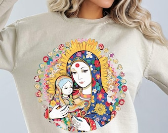 Colorful Holy Mary and Baby Jesus Unisex Catholic Sweatshirt, Virgin Mary, oriental style drawing of Mary Mother of God, Christian gift