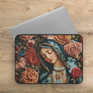 Katholische Laptophülle, Jungfrau Maria Print Gepolsterte Laptoptasche, Laptoptasche mit Reißverschluss für katholische Frauen, einzigartige Computerhülle für katholische Mutter