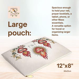 May include: A large, rectangular pouch with a cream-colored background. The pouch features a design of two hearts with flames, roses, and the text "JMP". It measures 12" x 8" and has a gold zipper.