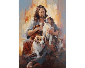 Christian Puzzle Jesus with Dogs | Jesus Art | Jesus painting | Bible Art | Christian Dog Owners | 110, 252, 520, 1014-piece vertical puzzle