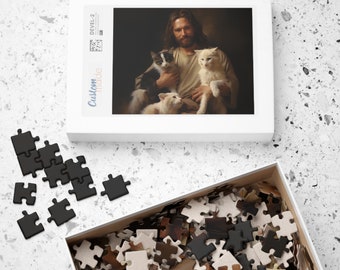 Christian Puzzle, Jesus Holding Cats, Cat lovers Puzzle, Christian Cat Owners Gift, Jesus Art Jigsaw Puzzle  (110, 252, 520, 1014-piece)