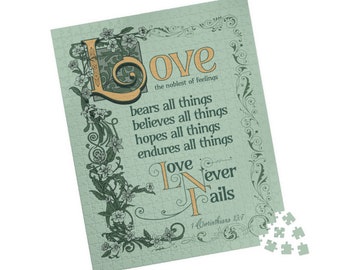 Christian Wedding Gift, Scripture Puzzle, Love Never Fails, Bible Verse 1 Corinthians13:7, Catholic Quotes Puzzle (110, 252, 520, 1014 pcs)