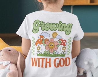 クリスチャン幼児用Tシャツ、神と共に成長するTシャツ、クリスチャンの子供用、聖書の一節Tシャツ、子供用イエスの愛のシャツ、クリスマスプレゼント