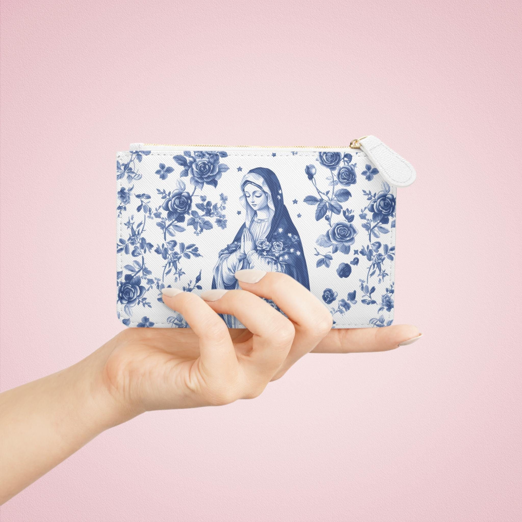 Virgin Mary Mini Clutch Bag, Catholic zippered pouch, Marian Devotion gift, Rosary bag, Catholic mom gift, Clutch bag for catholic women