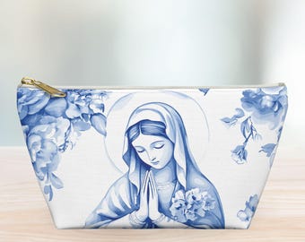 Holy Mary zippered pouch, Catholic t-bottom pouch, Marian Devotion gift, Rosary bag Blessed Mother of God Catholic mom gift, Religious gifts