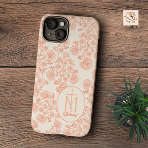 Personalisierte katholische Handyhülle mit Marian Kreuz, Toile de Jouy Stil Benutzerdefinierte Name Tough Cover für iPhone, Galaxy, Geschenk für katholische Frauen