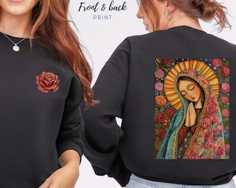 Sweater Our Lady of Guadalupe, katholiek shirt met print op voor- en achterkant, trui Maagd Maria