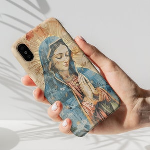 Jungfrau Maria iPhone Hülle, katholische Handyhülle, Mixed Media Ästhetik, christliches Frauengeschenk, Samsung Galaxy, Google Pixel Hülle