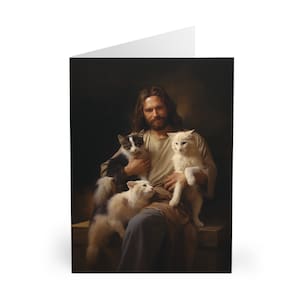 Cartes de voeux chrétiennes (paquet de 5), Jésus tenant des chats, voitures pour amoureux des chats, cadeau pour propriétaires de chats chrétiens, cartes d'art de Jésus, cartes de maman chat catholique