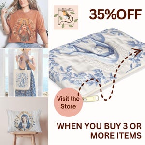May include: An assortment of religious-themed items, including a t-shirt, tote bag, and pillow, each featuring a depiction of a religious figure. The items are in shades of brown, white, and blue. The image also includes text that says "35% OFF" and "Visit the Store".
