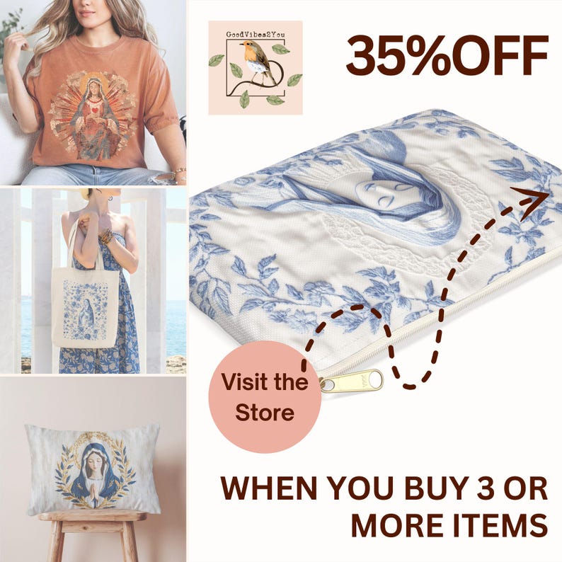 May include: An assortment of religious-themed items, including a t-shirt, tote bag, and pillow, each featuring a depiction of a religious figure. The items are in shades of brown, white, and blue. The image also includes text that says "35% OFF" and "Visit the Store".