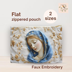 Borsa piatta con cerniera e ricamo 3D della Vergine Maria, regalo cattolico per le donne, borsa portarosario essenziale per la messa per mamme cattoliche, accessorio della Beata Maria