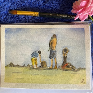 Hand painted Watercolour Greeting card  showing a Day at the beach