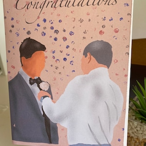 This card is unique in that it says whatever you would like it to say.  Two brothers preparing for a wedding or for a gay couple.