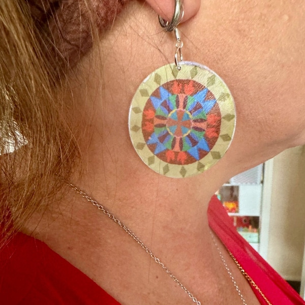 Paper Earrings Mandala, handmade dangle  jewelry. Mandala is a symbol in a dream, representing the search for completeness and self-unity.