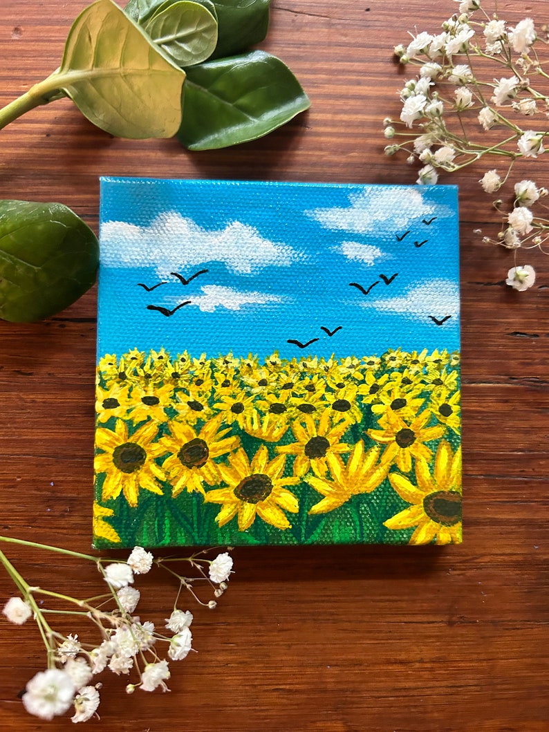 Sunflower Field Origianl Mini Canvas Painting image 1