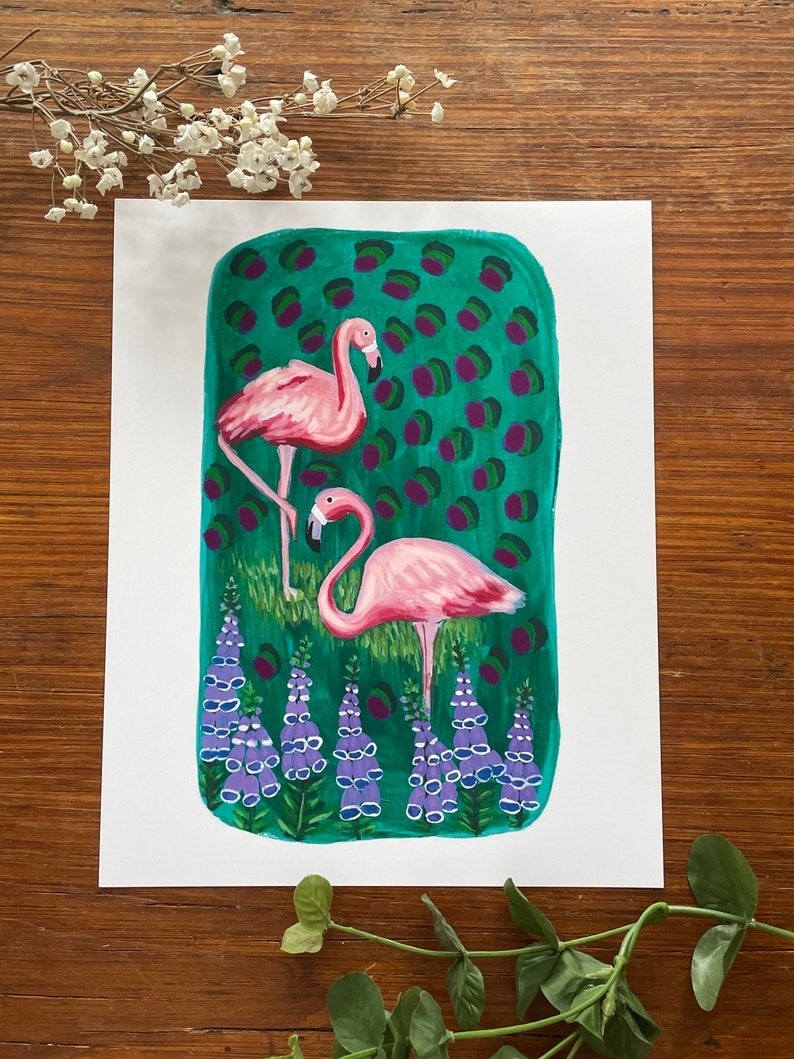 Flamingos and Foxgloves Print image 1