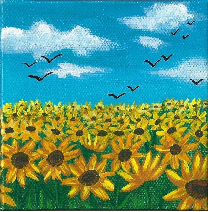 Sunflower Field Origianl Mini Canvas Painting image 4