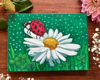 Ladybug on Daisy Original Mini Canvas Painting