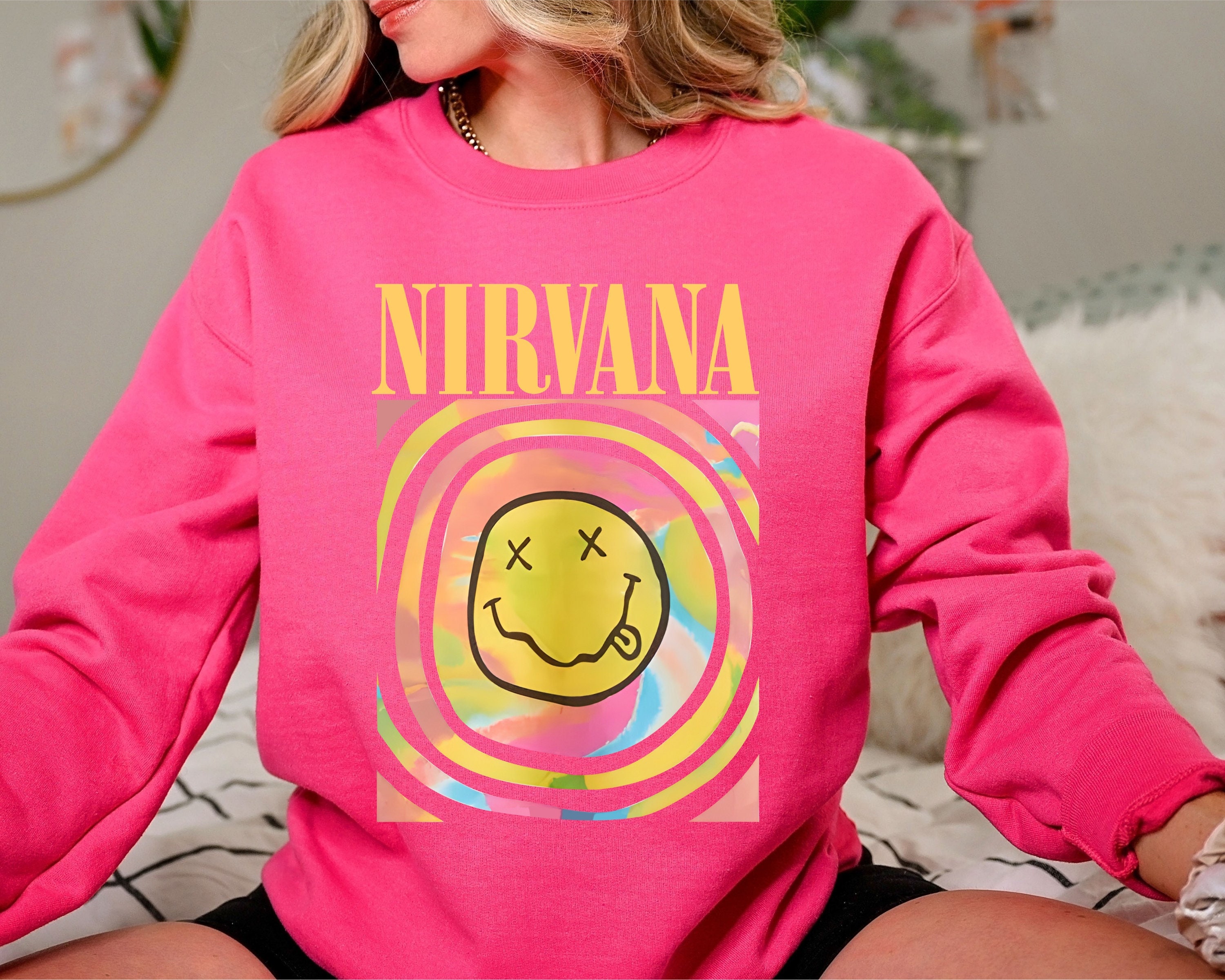 Discover Nirvana Smiley Face Crewneck Gildan Sweatshirt, Nirvana Smile Face Tee Shirt